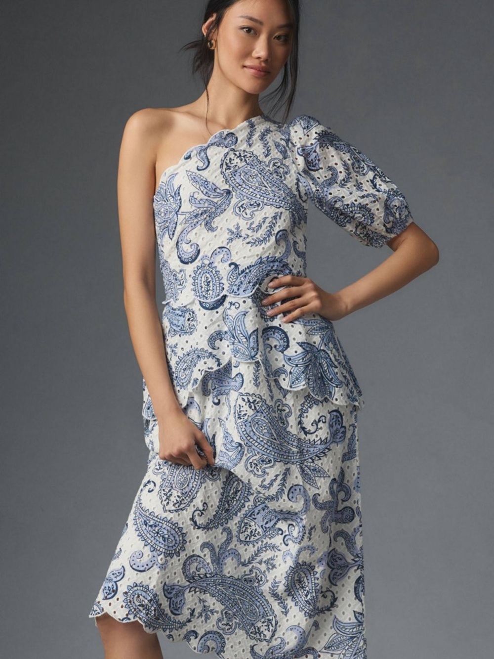 FARM RIO Blue and White Paisley Eyelet Tiered One Shoulder Dress